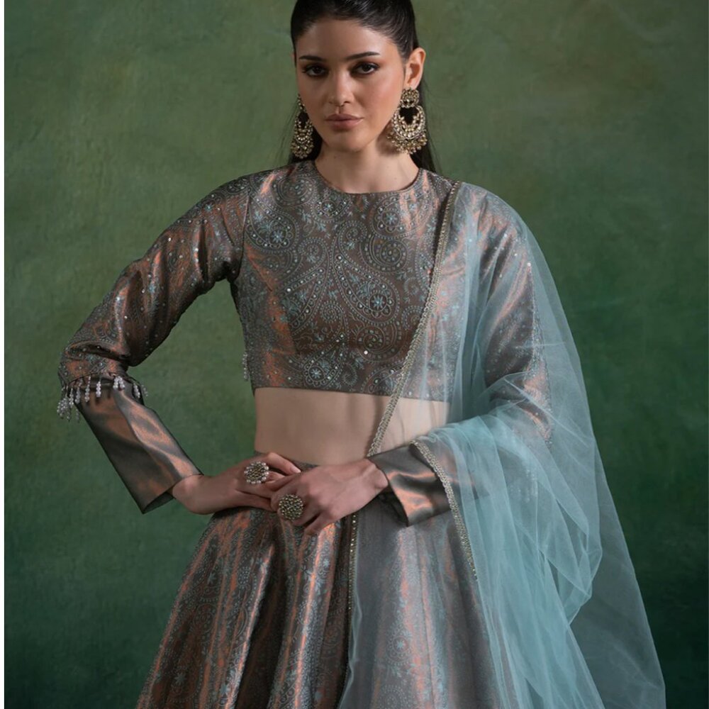 Silk Gray Mint pearls silver Embroidered Lehenga set with dupatta